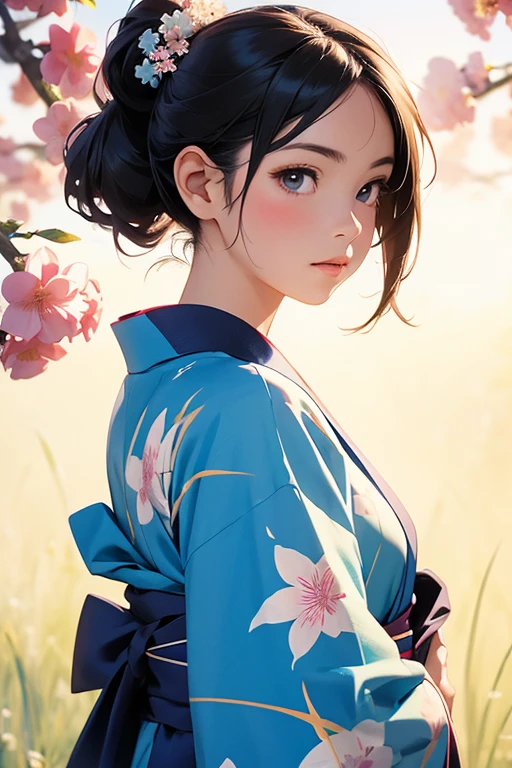 Anime girl in blue yukata with flowers in her hair, In yukata, Japanese art style, Beautiful anime portraits, Painted in an anime artist's studio, Digital anime illustration, Anime style portrait, ,Anime-style illustrations, Anime Style 4k、watercolor、whole body、smile
