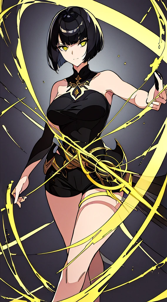 ((Best Quality)), ((Masterpiece)), (Detailed), Girl with short black hair, with straight bangs, yellow eyes, eyes with eris showing strength, tall and slender, very beautiful and feminine features, with loose black clothing, wearing shorts with long black stockings, short hair