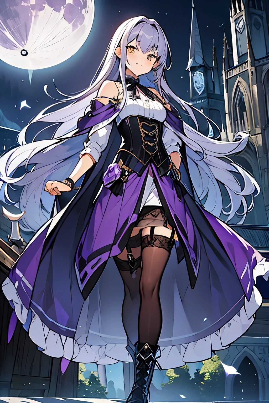 Cool cute、cool、、Western、Fantasy clothes、Long Hair、Gray Hair、Purple Hair、Black clothes、Put the dagger in the garter、front、I'm looking here、corset、Cape、boots、fishtail skirt、In a gothic dark house、Blue Moon、Get closer to the people、1 person purple、yellow、Yellow and purple eyes、 Baggy、Cute face、 cool、Small breasts