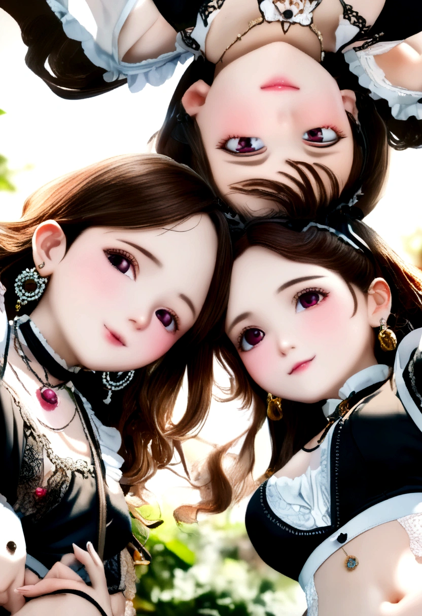 (2 young girls with long hair, Beautiful face and eyes and eyeliner,A delicate little face, pink eyes, Charming smile, (Maid cafe outfit with frilly, Sheer pleated mini skirt:1.5), (Transparent maid cafe costume with large open breasts and hollow:1.2), Sexy transparent underwear,Show belly button, Revealing sexy transparent white panties (very pretty girl), brown hair, Fashion hair accessories quality:1.4), (Extremely detailed),Pendants and earrings、 (Extremely detailed CG unified 8k wallpaper), Very detailed, High-resolution original color photos, Professional photography, Depth of Field, (view from below),