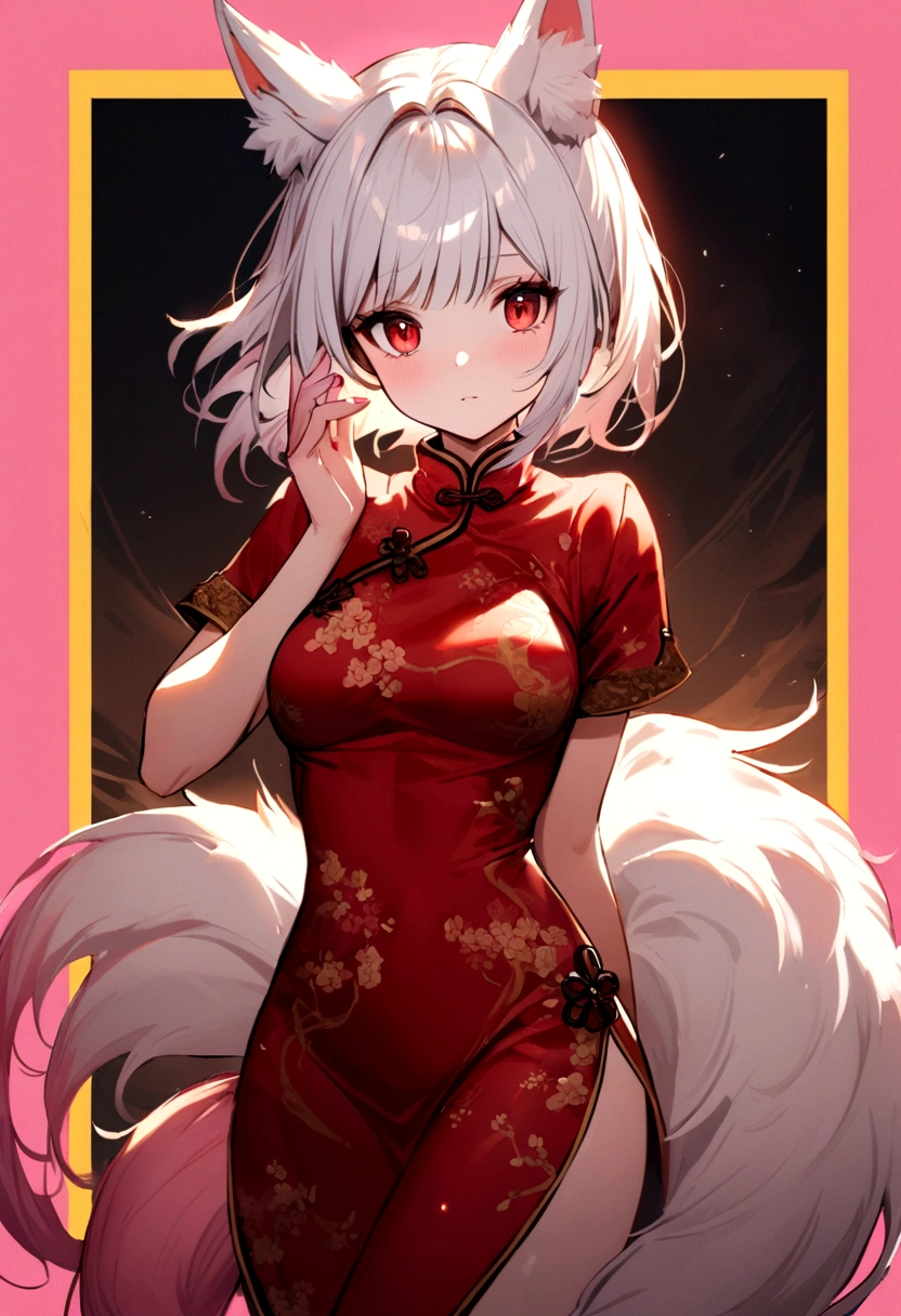 The girl has short white hair, red eyes, white fox ears with pink borders, a red Chinese dress with yellow borders, and a white and pink tail.