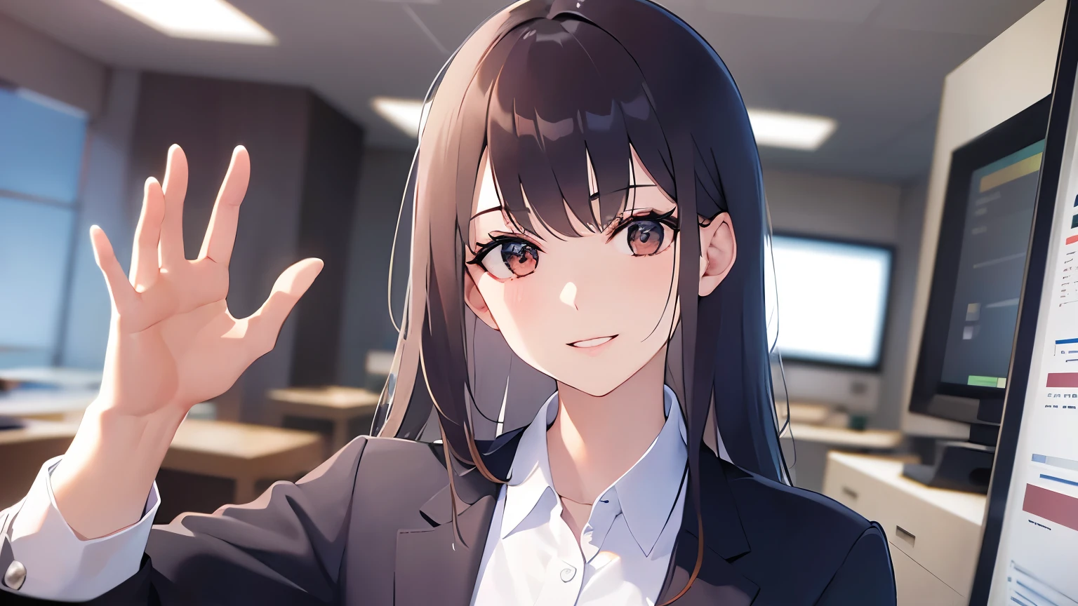 Waving hand,Upper Body, Realistic, real person, (pale skin: 1.2), RAW photo, photorealistic, shiny skin, shiny hair、(A 25-year-old woman with medium-length hair and bangs) and (wavy hair) and (brown hair) and (orange eyes) , (business suit:1.5)and (Wearing a white collared shirt)、 smile, Background in the office、Alone、Are standing、Biologically correct５Finger