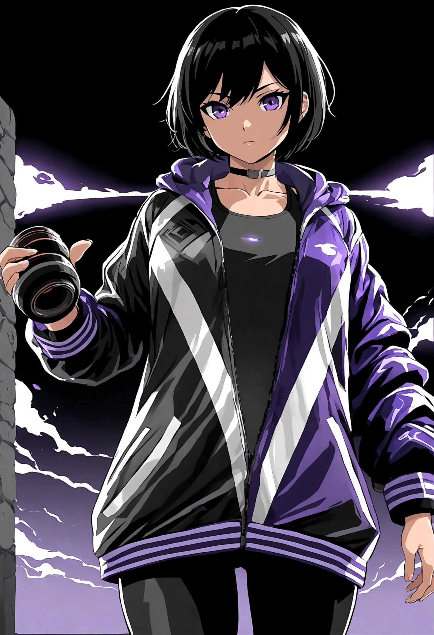 Tomboy girls, Sexy, Smart, Strong, muscular body Short black hair, purple pupil eyes, black plain chokers, wear jacket, black tank top, short black jeans, thick long black stocking, black sneakers with purple ties, Tekken Art Style, Anime art style.