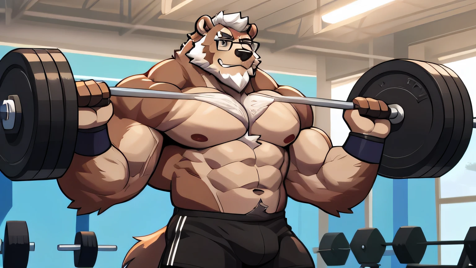 solo, 1boy, Huge Muscular Old Grizzly Bear wearing glasses , pectoral, huge pectoral, wide pectoral, short white hair, short pants black wristbands and shirtless topless, bearded, Mustache, gym background, masterpiece, high detailed, 8k, high resolution, at the gym, exercising arms, lifting weights, bicep curls