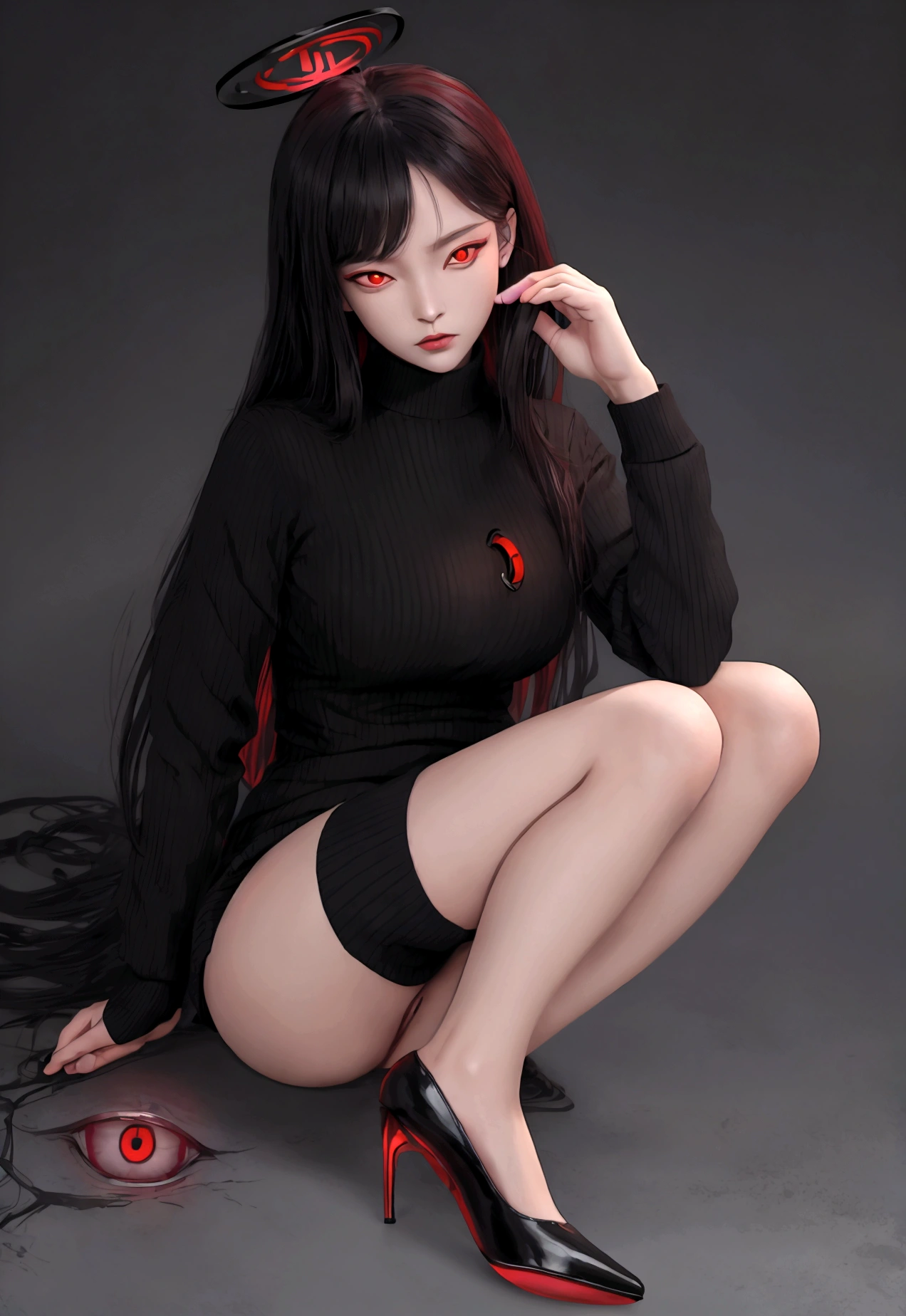 (masterpiece), best quality, expressive eyes, perfect face, solo, breasts, seductive, North Korean, henchwoman, technical expert, South Korean security agent, terrorist, insignia, formal suit, heels, black eyes, smoked eyes, spy, slim waist, cyber terrorist, computer, hacker, nuclear codes, foot, shoes heel, CIA, tsukatsuki rio, (red eyes:1.5), hairclip, hair ornament, rio, black footwear, halo, long hair, buttoned cuffs, ribbed sweater, office lady, turtleneck sweater, white sweater, sweater, bleeding pussy, cum inside