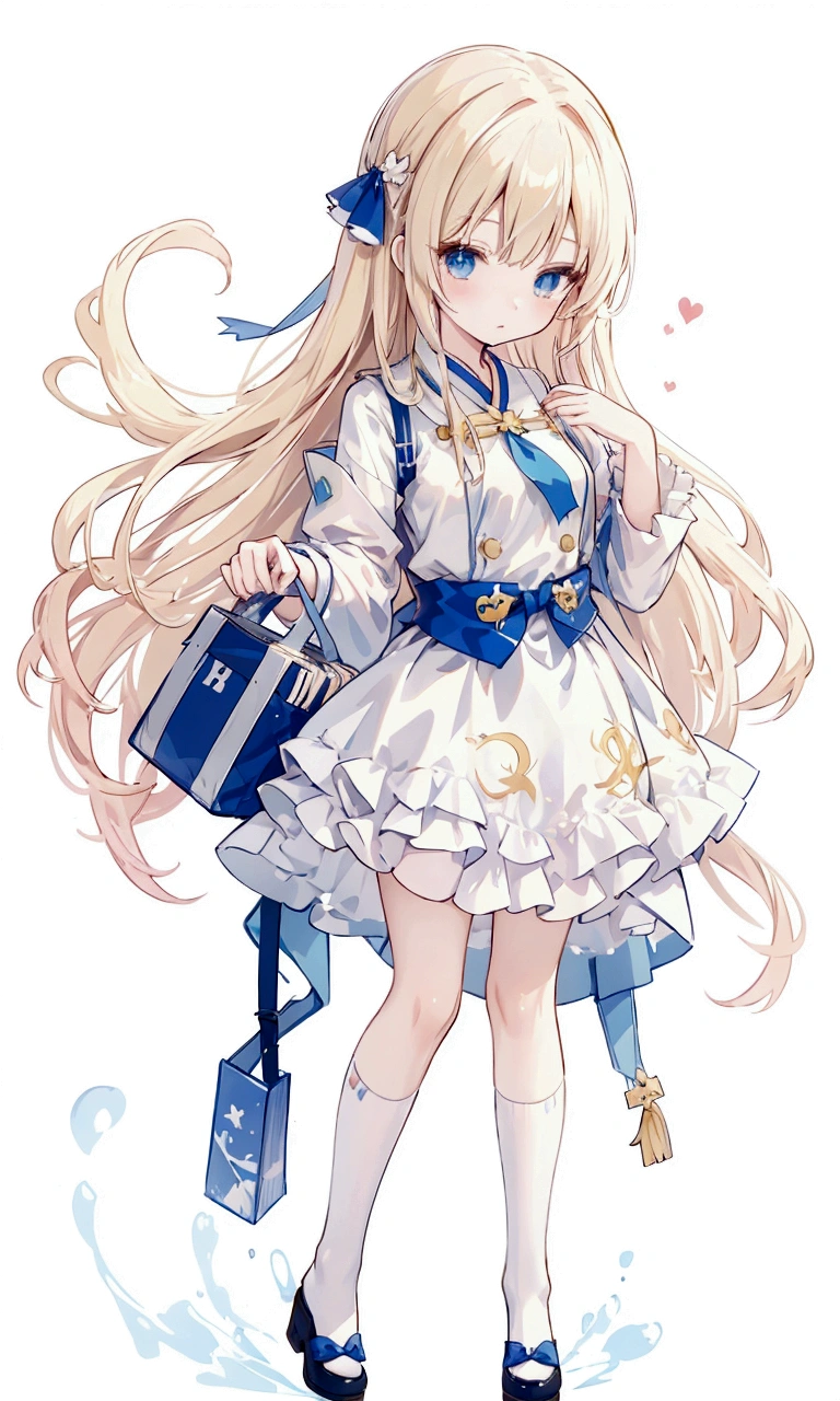 Character portraits,Anime Girl,With long blond hair and blue eyes,Bag in hand, , Maple Story Character Art, 穿着漂亮裙子的可爱Anime Girl, ta in a skirt, Ink art anime loliime girl named lucy, Little loli girrom the Azur Lane video game, 长发金发Anime Girl, Official Character Art