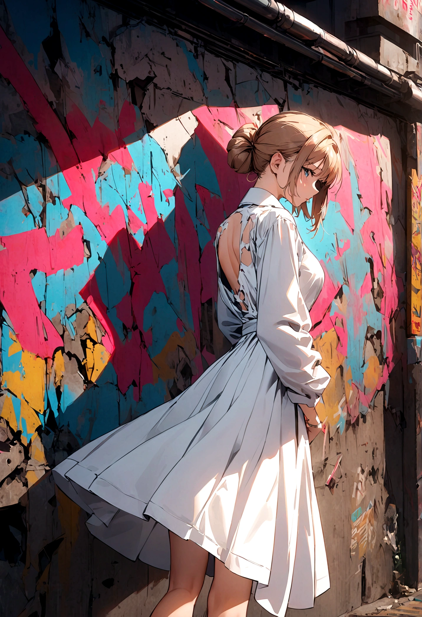 22 year old girl, (Back View),torn, ripped, White Dress, street,Elegant chignon,apocalyptic wasteland, graffiti-covered wall, looking cool and urban in a street style pose.
