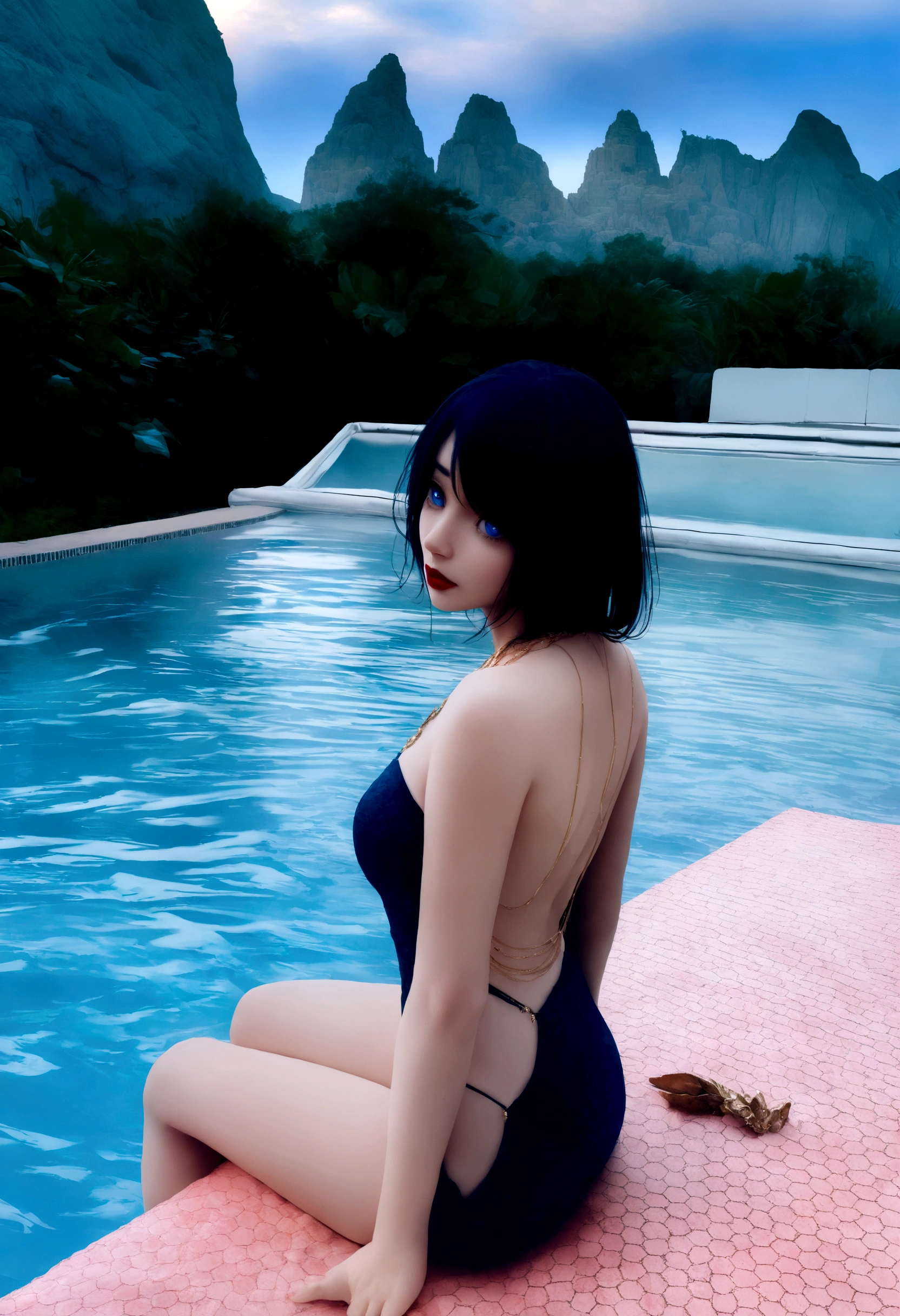 Cute 18 year old girl full body display 1.2 slender big tits and awesome pussy, piernas abiertas , blue eyes pale skin, cabello corto, cara fina y detallado perfecto ,nature background thermal bath fingering solo squirt naugthy