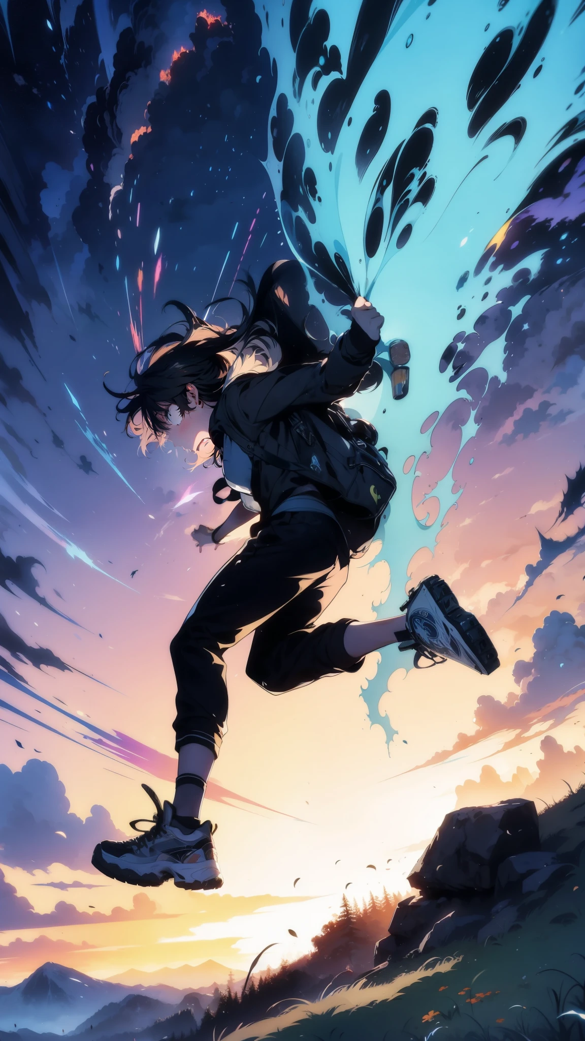 A silhouette of a teenager leaping through the air, narrowly dodging a spectral hand reaching out from a swirling vortex in a mountain meadow. Action movie scene, high action, fantasy, portal, mountains, meadow, ghost, fantasy world, dark background, clean design, epic, artstation, colorful paint splatter, silhouette, hyper detailed intricate details, unreal engine, fantasy, splash screen, complementary colors, deviantart masterpiece, oil painting, heavy strokes, paint dripping, indifferent expression