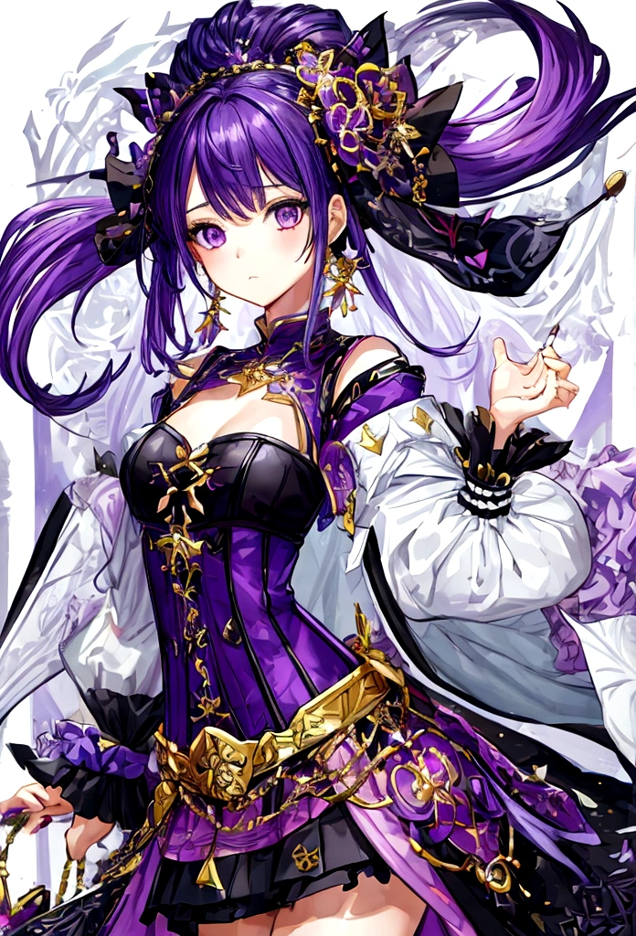 fantasy world girl with colorful hair, accessories, detailed clothes, cropped top, skirt, black and purple clothes