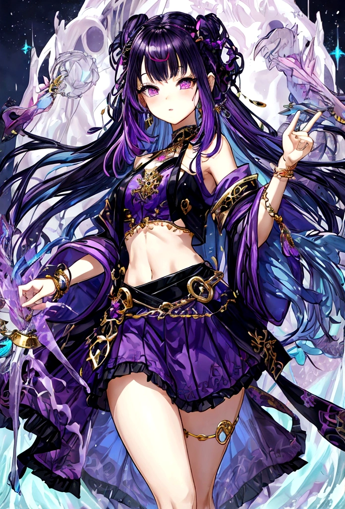 fantasy world girl with colorful hair, accessories, detailed clothes, cropped top, skirt, black and purple clothes