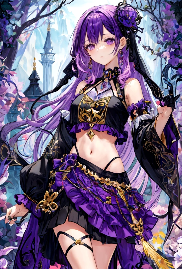 fantasy world girl with colorful hair, accessories, detailed clothes, cropped top, skirt, black and purple clothes