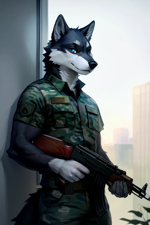 ABettergun_AK47(WIP, tlas (Cinco) 
A white Anthropomorphic male wolf with short black hair, black nose and blue eyes  wearing grey and black camo shirt and pants  military camo shirt and pants While  holding a Gun in his right hand 
Tall young muscular handsome tall male wolf good looking male wolf with muscles holding a Gun on his right hand while wearing grey and black military camo outfit standing proudly  )) , looking at viewer,a little to the side, fur,solo, cartoon, (highly detailed illustration:1.2), best quality, masterpiece, solo, tail, torso, , standing, social (((male))) uploaded to e621, zaush, foxovh, movie lighting, thicc, alone, detailed, 8k res, hires, detailed eyes, good anatomy, good perspective, towards viewer, by bebebebebe, by sicklyhypnos, by gerkk, by orf, nice hands, perfect hands, happy, romantic, ray tracing lighting, rtx on, By Bebebebebe, by SpiritD, by KOBITOWANI, b est quality, masterpiece, perfect anatomy, detai led picture)), 1femboy, , sexy body, fluffy tail, shy, horny, romantic, up close, wearing not a single bit of clothing, huge thighs,, huge