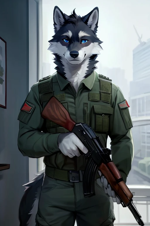 ABettergun_AK47(WIP, tlas (Cinco)
A white Anthropomorphic male wolf with short black hair, black nose and blue eyes wearing grey and black camo shirt and pants military camo shirt and pants While holding a Gun in his right hand
Tall young muscular handsome tall male wolf good looking male wolf with muscles holding a Gun on his right hand while wearing grey and black military camo outfit standing proudly )) , looking at viewer,a little to the side, fur,solo, cartoon, (highly detailed illustration:1.2), best quality, masterpiece, solo, tail, torso, , standing, social (((male))) uploaded to e621, zaush, foxovh, movie lighting, thicc, alone, detailed, 8k res, hires, detailed eyes, good anatomy, good perspective, towards viewer, by bebebebebe, by sicklyhypnos, by gerkk, by orf, nice hands, perfect hands, happy, romantic, ray tracing lighting, rtx on, By Bebebebebe, by SpiritD, by KOBITOWANI, b est quality, masterpiece, perfect anatomy, detai led picture)), 1femboy, , sexy body, fluffy tail, shy, horny, romantic, up close, wearing not a single bit of clothing, huge thighs,, huge