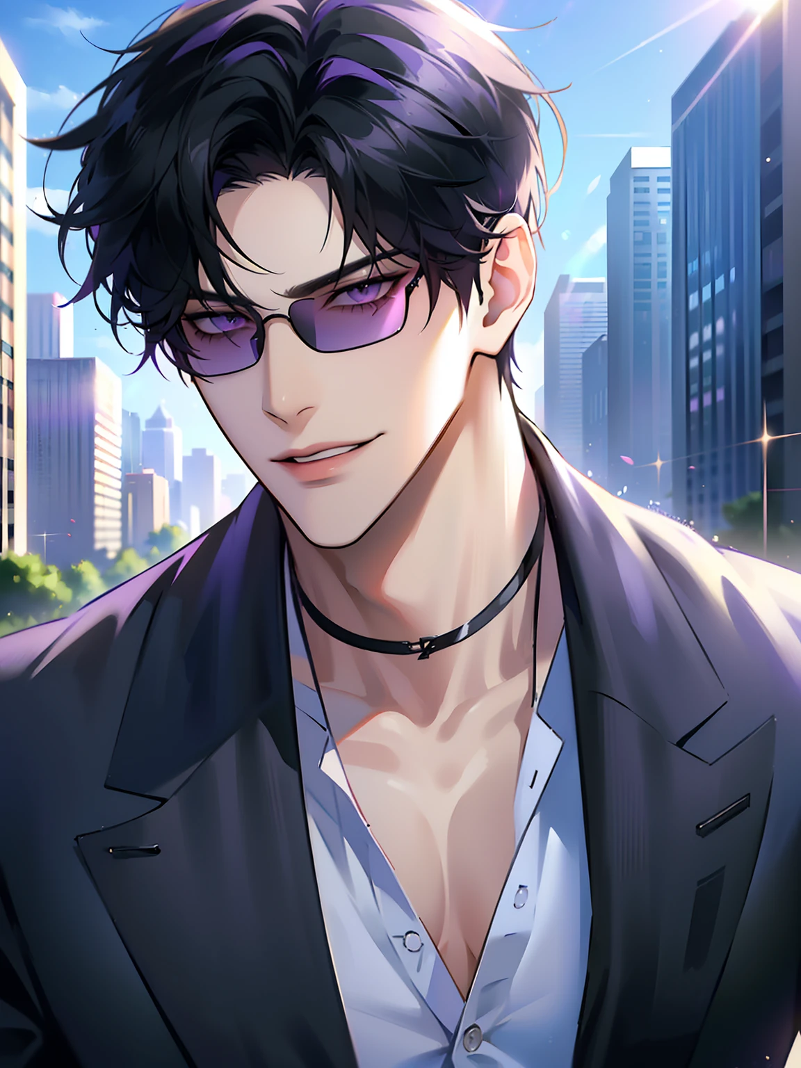 (masterpiece, 4k, high quality:1.3), 1boy, solo, short hair, black hair, asymmetrical fringe, purple eyes, handsome, sharp eyes, (mature male, mature:1.2), male focus, fashionable, tucked in open purple collared shirt, necklace, close up, smile, city, street, sunshine, ((sunglasses)), windy