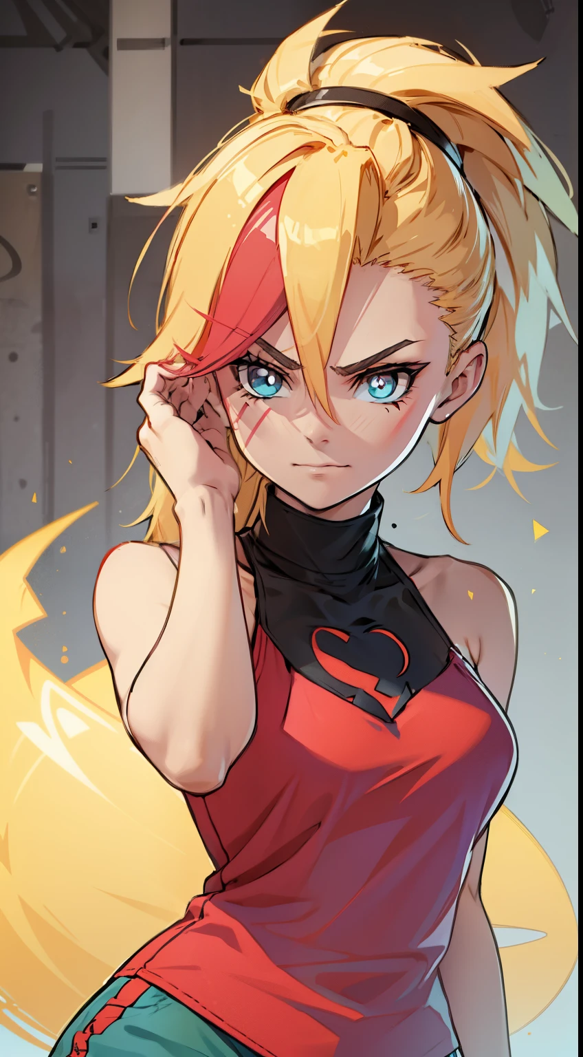 young girl,  ultrs long blonde hair, Hairpin with a bundle, turquoise eyes, Yakuza tattoos, red tight uniform, Sleeveless, Wide neckline on the chest to the abdomen, Gold Elements, Red gold armor, Shorts, claws, smirk, Masterpiece, hiquality, 4k, HD, Good detail