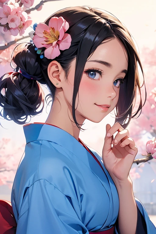 whole body、Anime girl in blue yukata with flowers in her hair, In yukata, Japanese art style, Beautiful anime portraits, Anime style portrait, ,Anime-style illustrations, Anime Style 4k、watercolor、smile