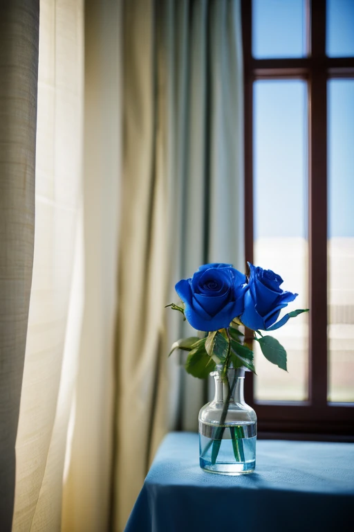 Closes up big blue rose,By the window,curtain,Clear skies,Nature PhotographyHD 8k. Shot with canon eos r6.