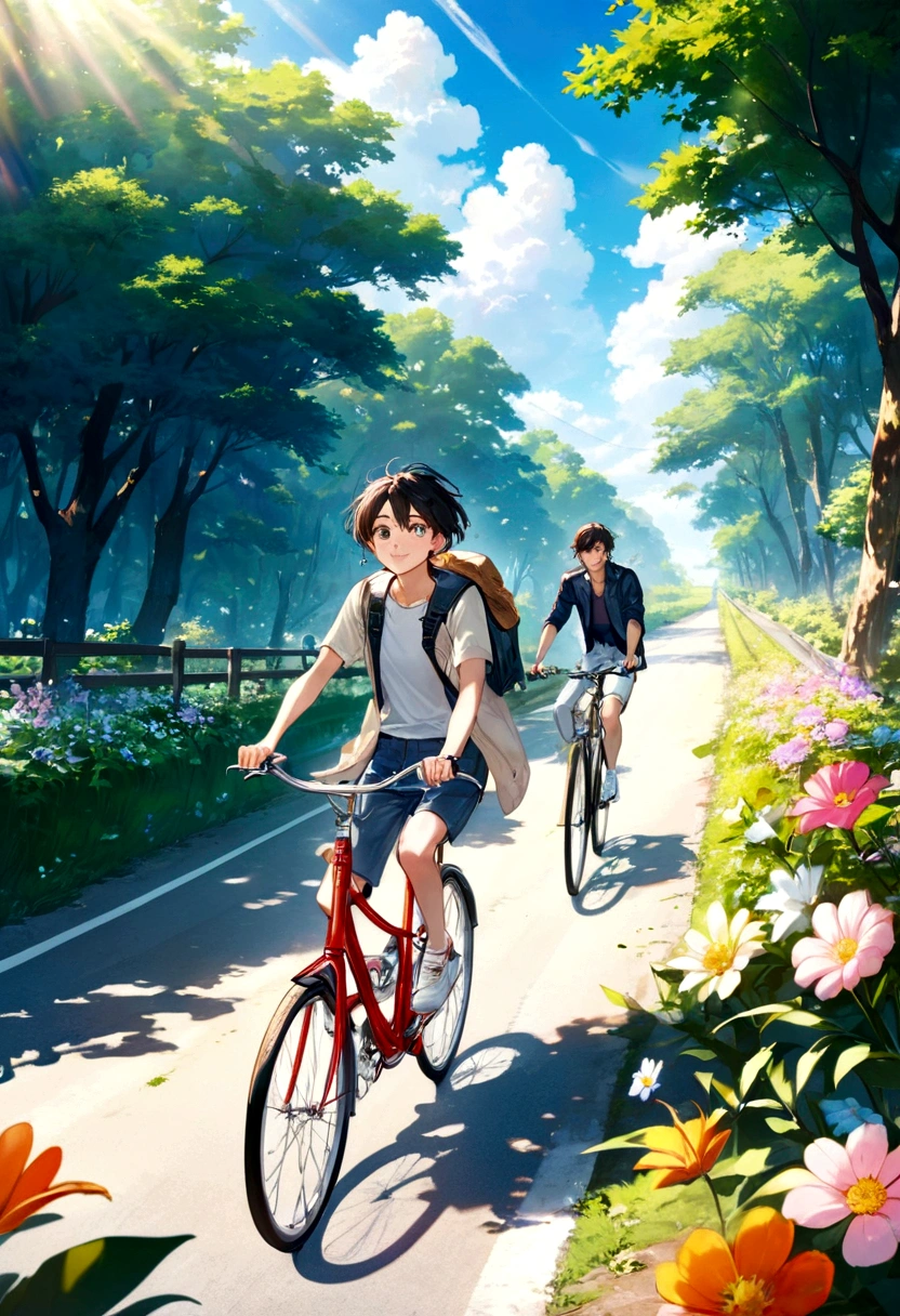 Thin contours、Anime Style、Cool and edgy、 Young couple cycling along a sunlit country road、Blooming Flowers々and surrounded by lush greenery、A happy face shining。bright、Bright colors、Movie angle、High detail、Nostalgic、Fashionable、Pause、colorful、With confidence、Performance、accessories、Coil、Surroundings、stylish、impressive、modern、fashion