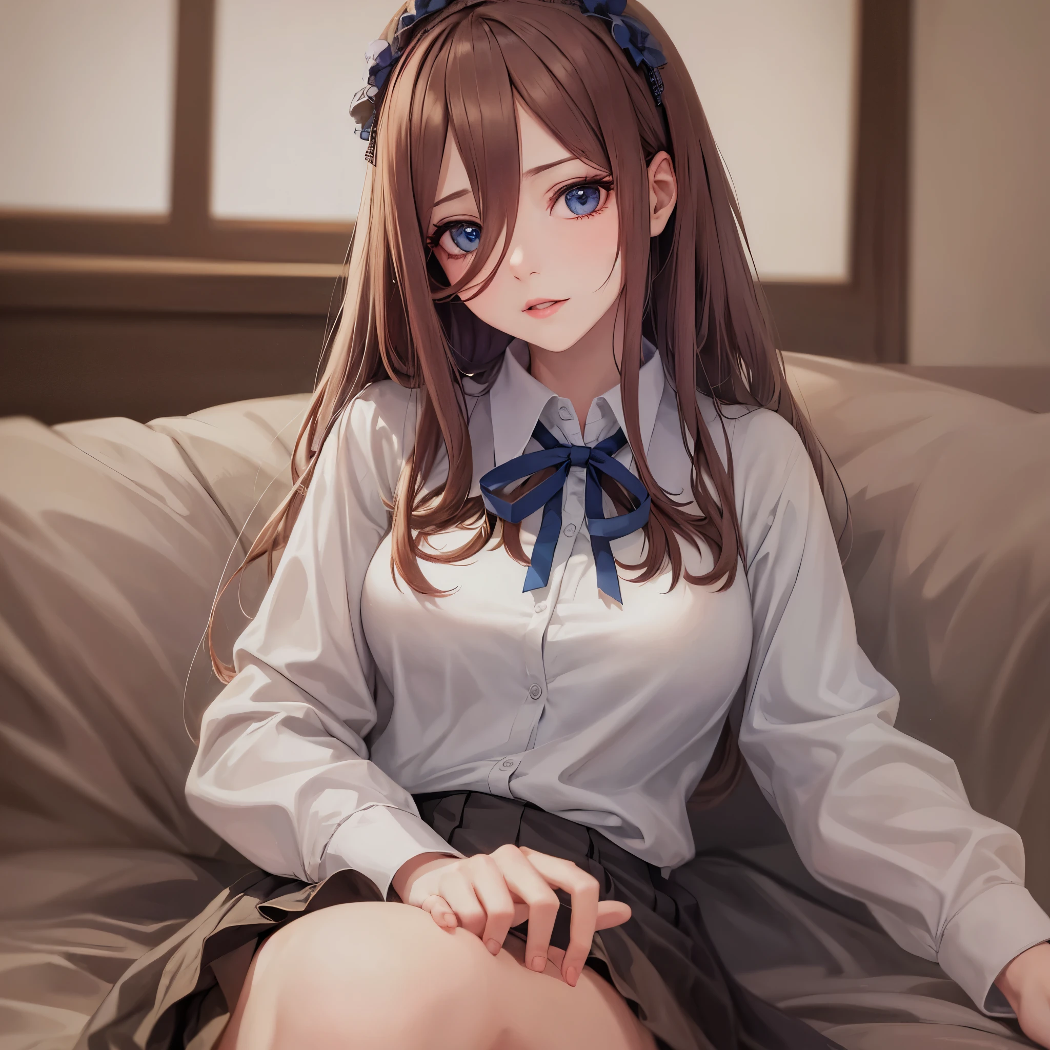 (best quality:1.2,masterpiece:1.2),solely,1girl,serious,beautiful detailed eyes,beautiful detailed lips,extremely detailed eyes and face,long eyelashes,Miku Nakano,looking at the viewer,hand on face,sitting,crossed legs,button-up shirt,tied-up skirt,stockings,thick thighs,big breasts,illustration,ultra-detailed,realistic:1.37,professional,portrait,vivid colors,soft lighting