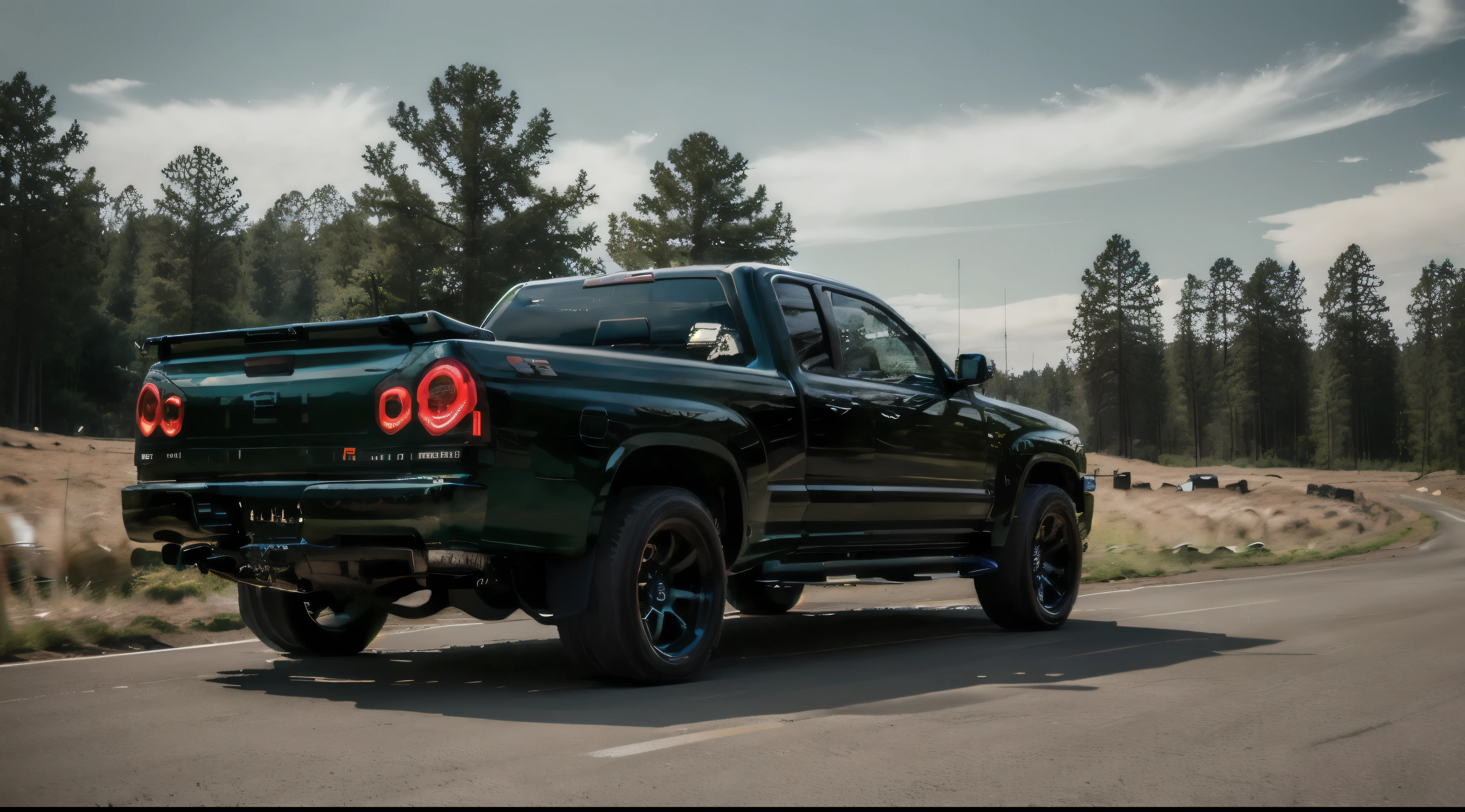 There is a pickup truck on a wild road, This composition is behind the exhaust,Enlarge perspective,Be good-looking!,The car structure becomes natural