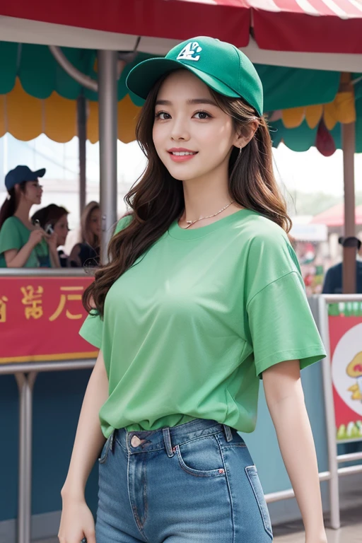 highest quality、4K、Perfect Face、Perfect Style、perfect body、Sunburn、beautiful lady、mature、long curly layer brown hair、Swept-back hair、full body, sexy 、charming、healthy、baseball cap with a curved、giddy-smile、jeans、green shirt、at amusement park、ice cream