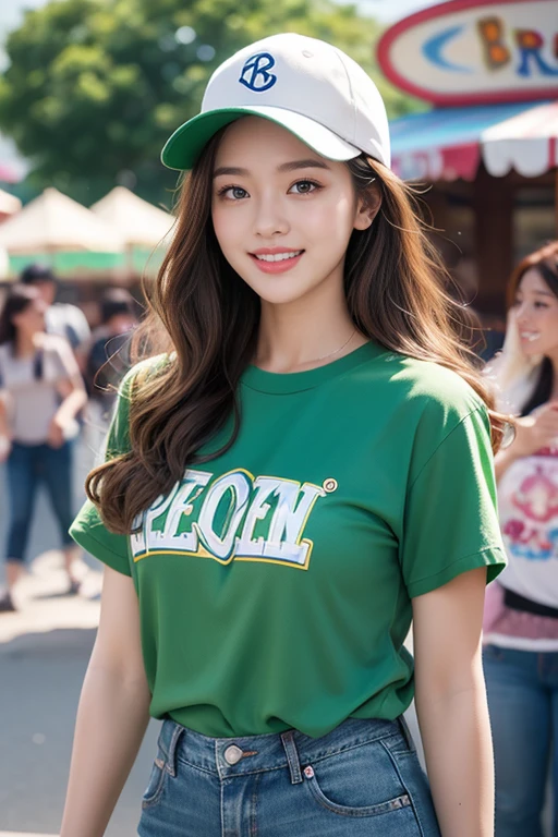 highest quality、4K、Perfect Face、Perfect Style、perfect body、Sunburn、beautiful lady、mature、long curly layer brown hair、Swept-back hair、full body, sexy 、charming、healthy、baseball cap with a curved、giddy-smile、jeans、green shirt、at amusement park、ice cream