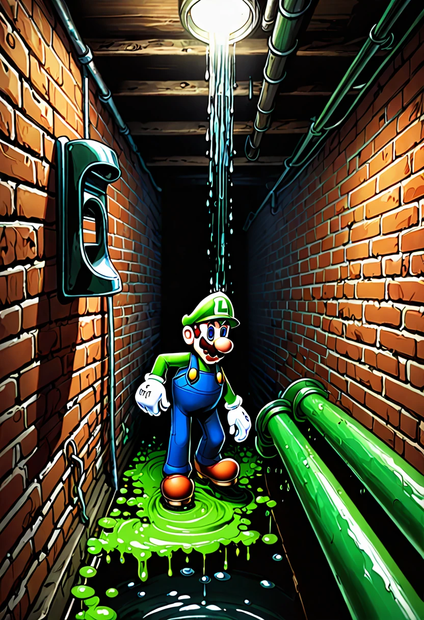 see image references for example prompts、A view from behind of Luigi scrubbing a green drainpipe with a rag in a dark basement、animetoreal