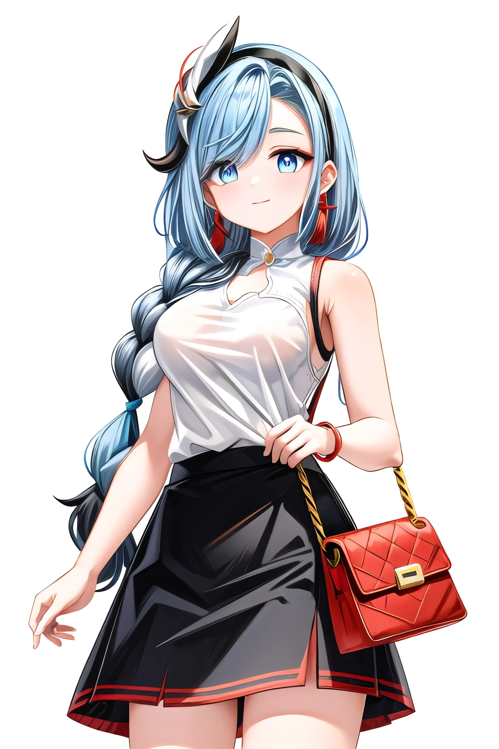 shenhe\(heytea\), shenhe \(genshin impact\), 1girl, solo, breasts, skirt, bag, sleeveless, holding, black skirt, looking at viewer, long hair, white background, alternate costume, smile, shirt, hair over one eye, simple background, jewelry, handbag, braid, large breasts, tassel, earrings, white shirt, sleeveless shirt, cup, multicolored eyes, hairband, tassel earrings, bangs, cowboy shot, closed mouth, from below, looking down