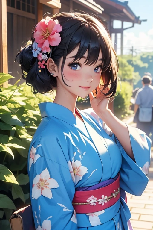 whole body、Anime girl in blue yukata with flowers in her hair, In yukata, Japanese art style, Beautiful anime portraits,  4k、watercolor、smile