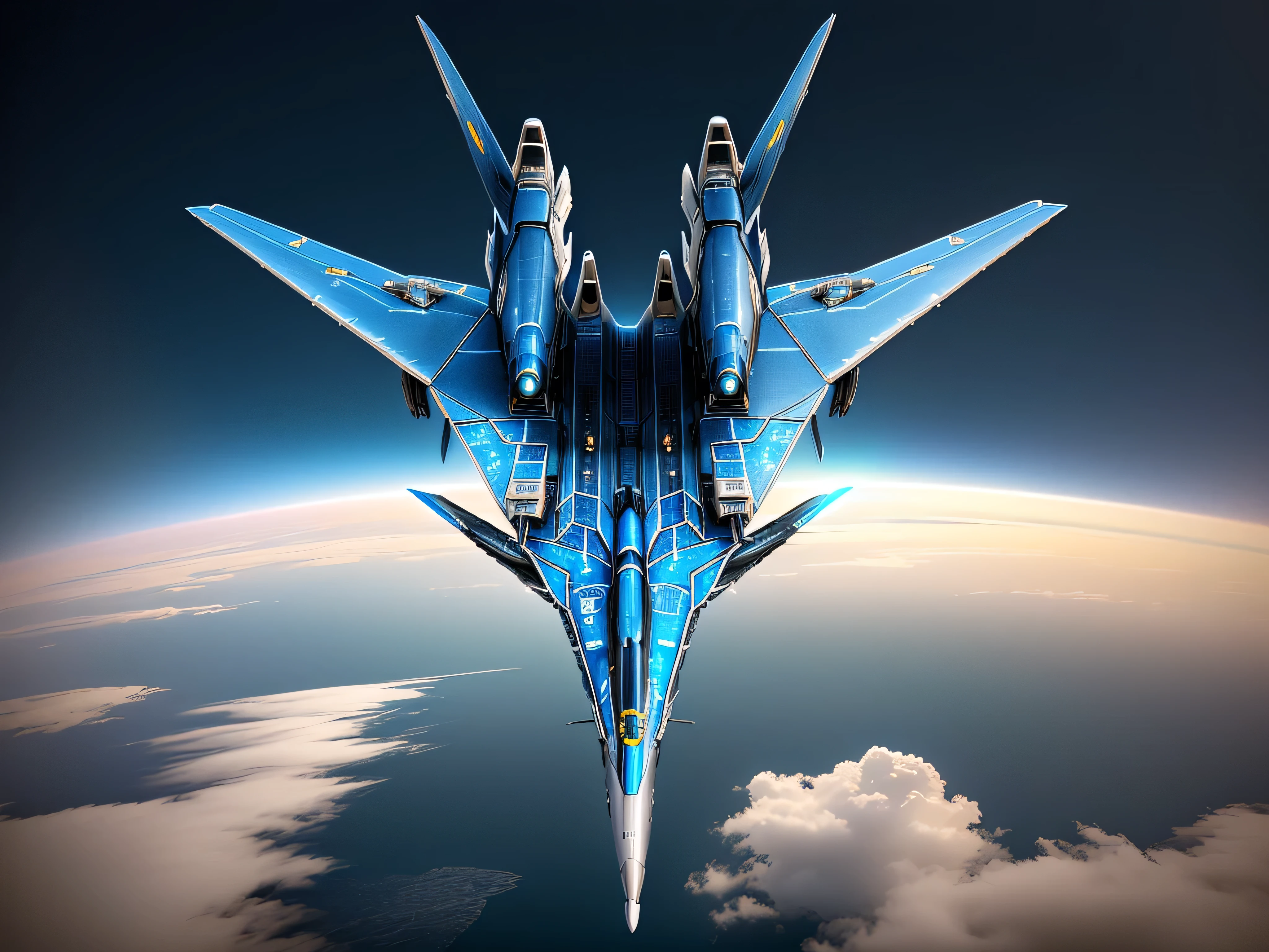 there is a jet that is flying in the sky with a blue tail, futuristic starship, futuristic spaceship, neofuturistic highly detailed, scifi spaceship, sci-fi highly detailed, cyberpunk concept inspired jet, valkyrie fighter jet, 5th gen fighter, flying scifi vehicle, detailed spaceship, spaceship far on the background, sci - fi spaceship in combat, retro sci-fi spaceship