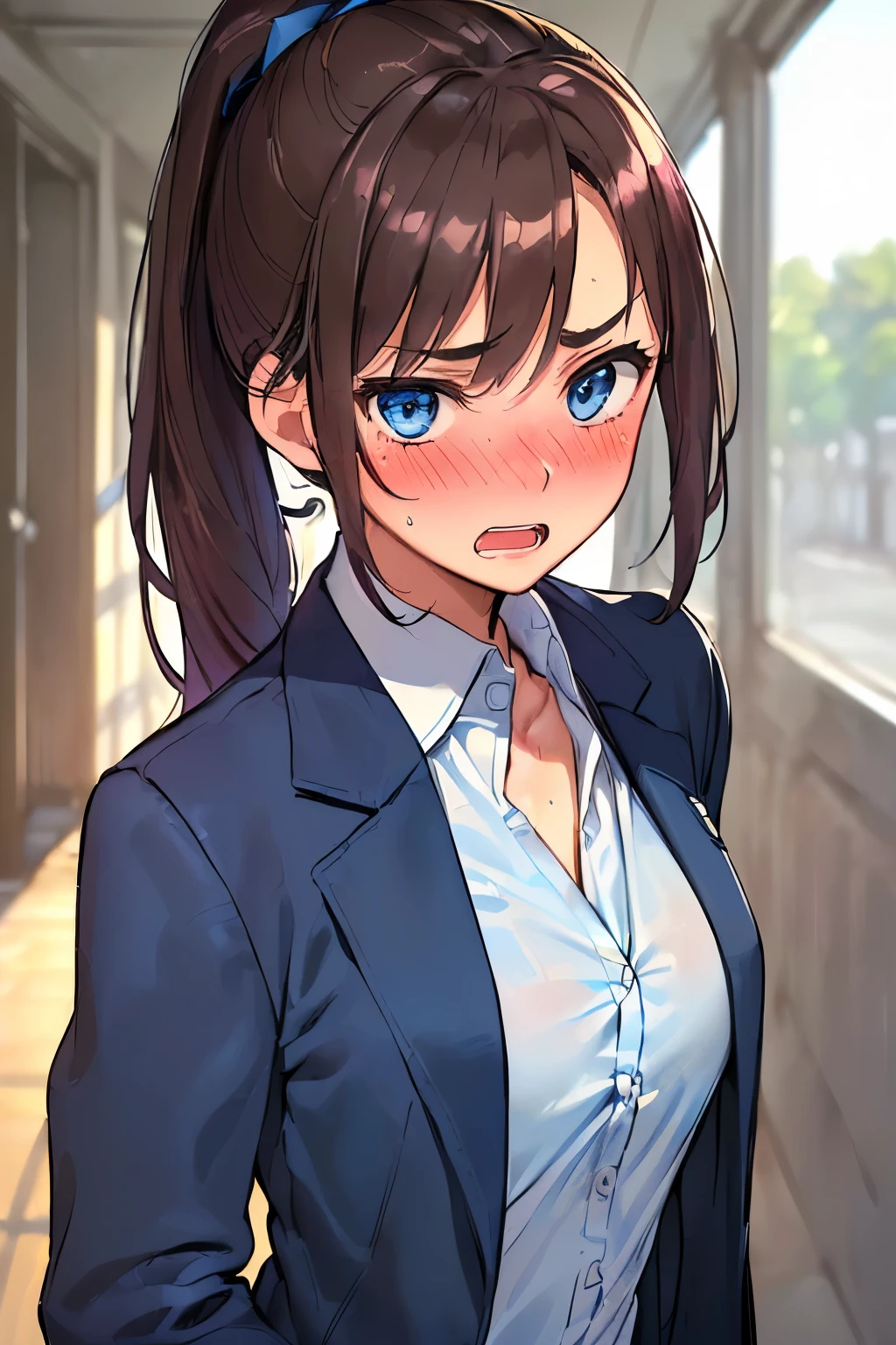 ((best quality)), ((masterpiece)), ((detailed)), (((perfect face))), (((18yo age girl))), (((dark blue suit jacket))), (((unbuttoned white undershirt))), ((dark brown hair)), ((short high ponytail)), (((blue eyes))), (((surprised))), (((open mouth))), (((blushing:1.5))), (((school corridor))), (((standing))), (((girl looking at viewer))), (((close up on upper body)))