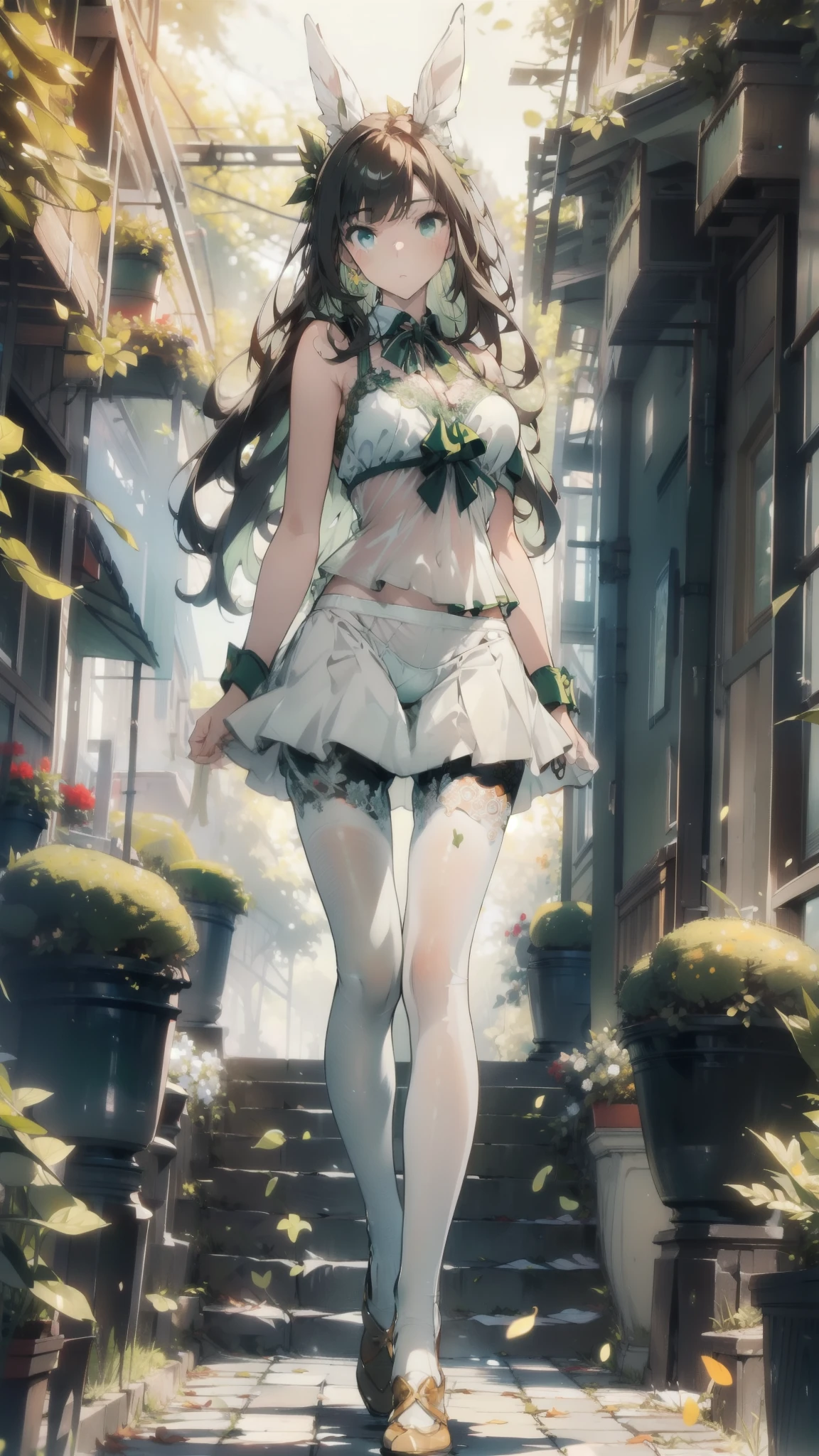 ((masterpiece, best quality)), Delicate face，Bunny Girl，whole body，Standing picture，Long legs，Large Breasts，Gradient long wavy hair，Perfect body proportions，Nice green eyes，Extremely beautiful，transparent， Pure white background，Garden falling leaves，Sexy_Bikini，Lace，Pantyhose