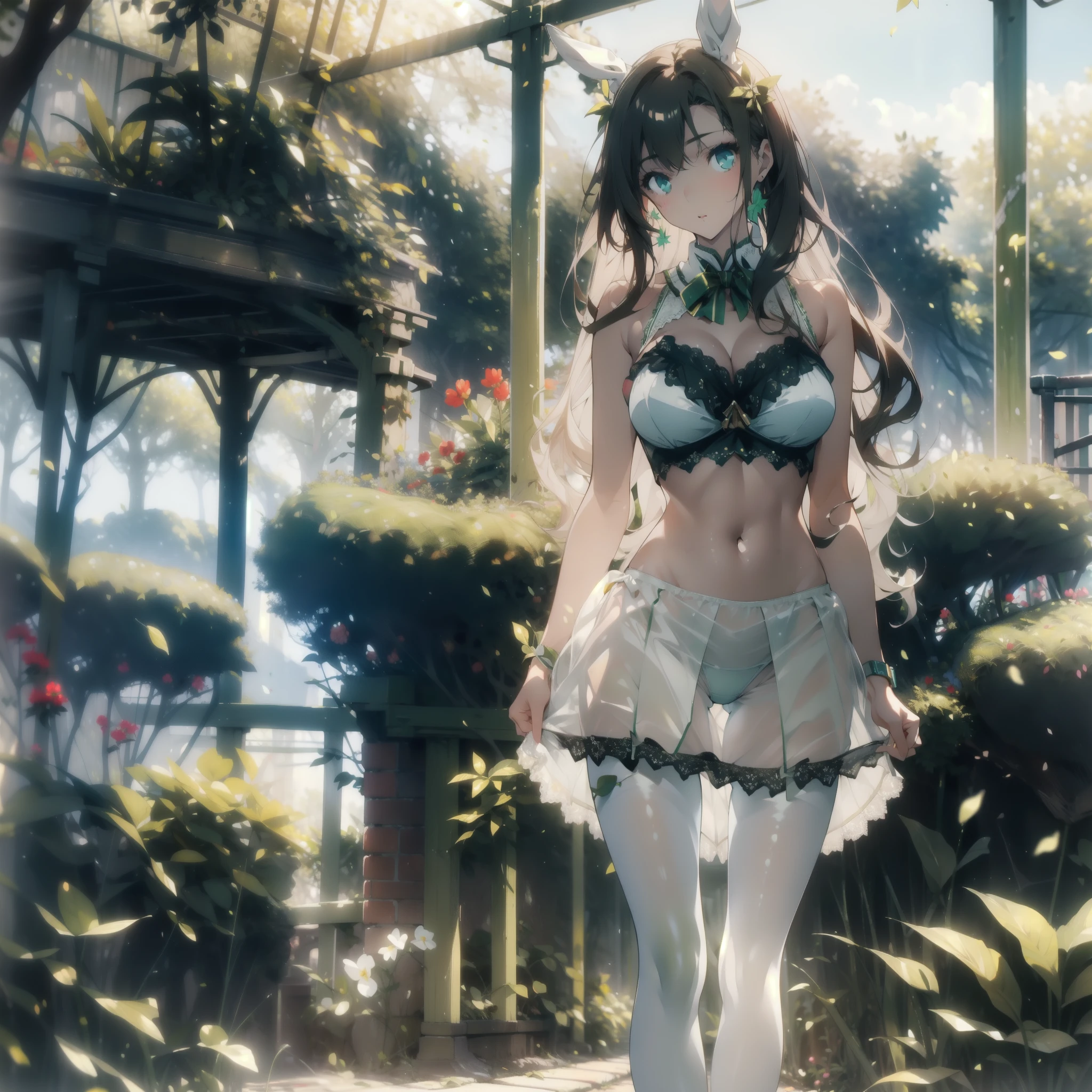 ((masterpiece, best quality)), Delicate face,Maid,whole body,Standing picture,Long legs,Large Breasts,Gradient long wavy hair,Perfect body proportions,Nice green eyes,Extremely beautiful,transparent, Pure white background,Garden falling leaves,Sexy_Bikini,Lace,Garter stockings