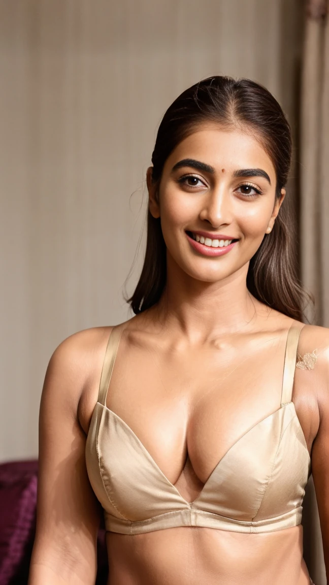 close up body photo of 30 years old pooja hegde, in bedroom, lingerie, selfie, hot body, day time, cool