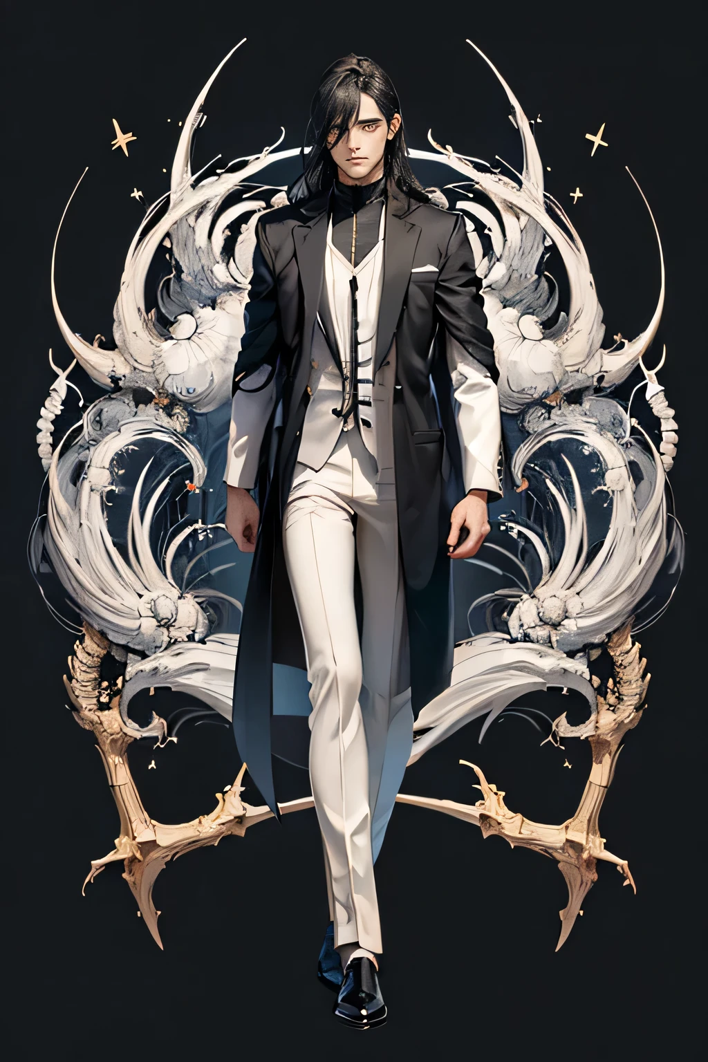 best quality, high quality,16k,anime,line art,hard-edged,(Full body:1.5),Standing Upright ,expressionless,deep detailed eyes,black hair,(thirties man:1.5),wizard,black hair,expressionless,deep detailed eyes,black background