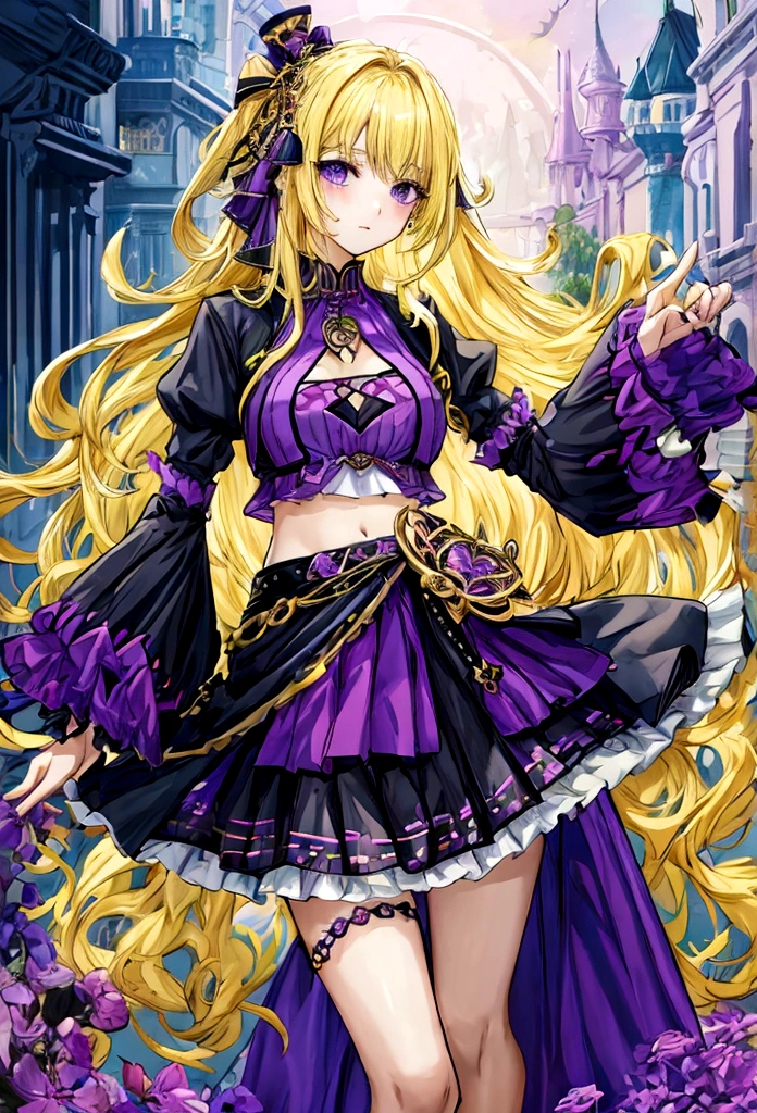 fantasy world girl with colorful hair, accessories, detailed clothes, blonde, cropped top, skirt, black and purple clothes
