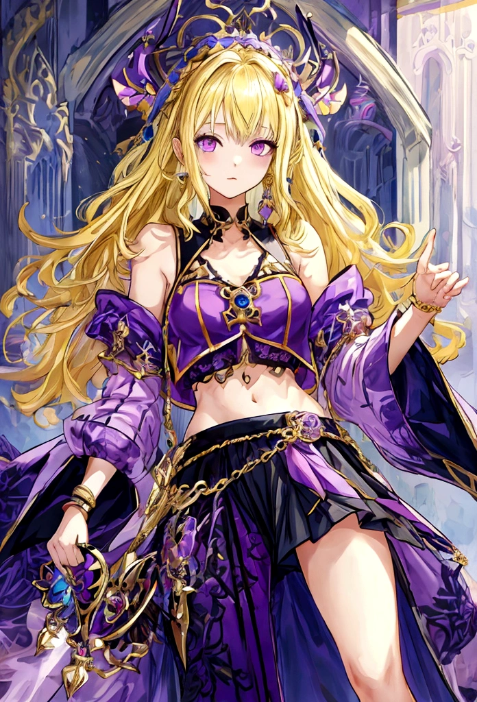 fantasy world girl with colorful hair, accessories, detailed clothes, blonde, cropped top, skirt, black and purple clothes