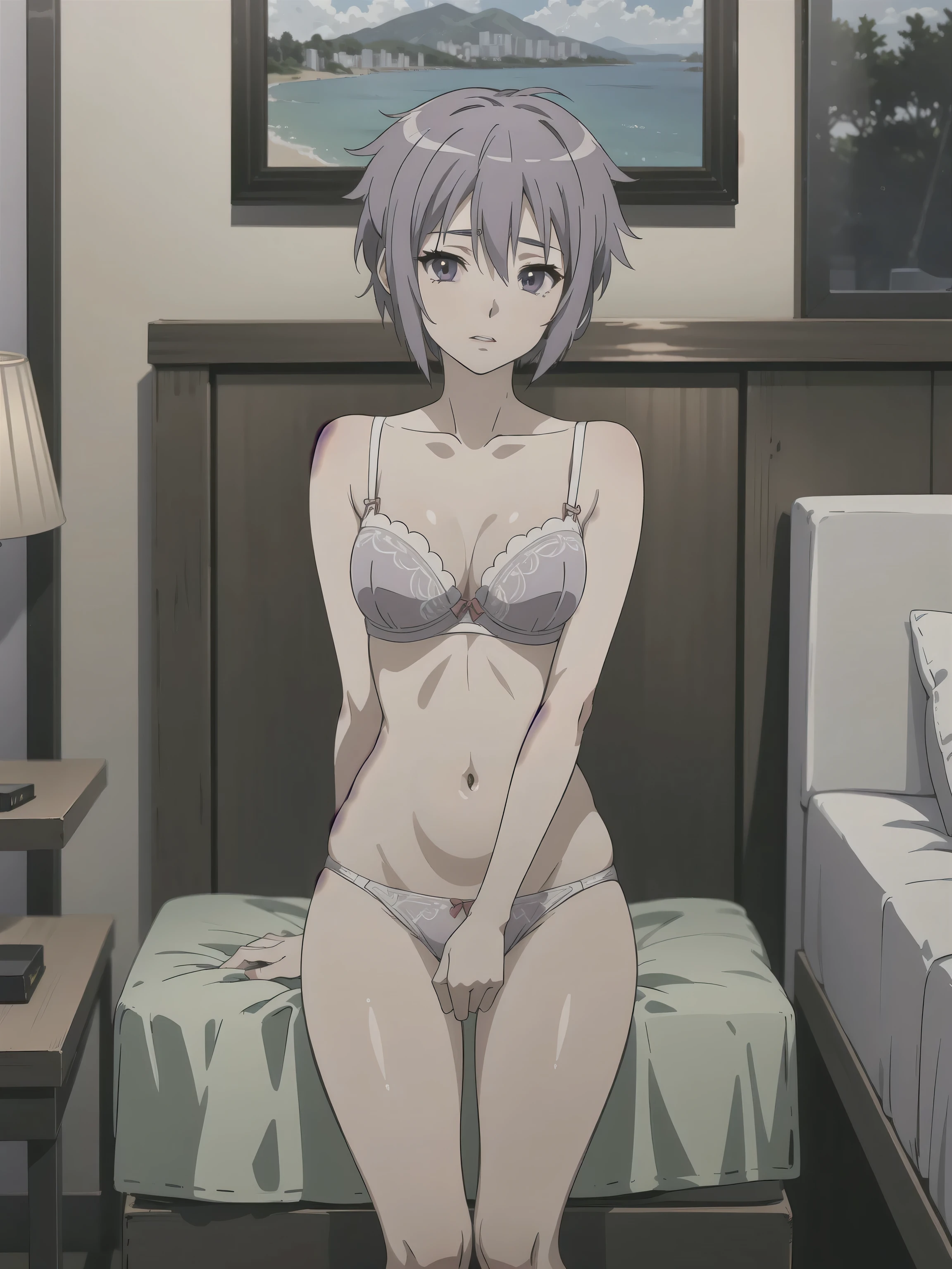 (A superb exquisite yuki nagato), (yuki nagato:1.5), brown eyes, brown hair, natural straight hair, solo, nature, extremely delicate, straight facial features, peerless beautiful girl, soft, (sensual face), ((ecchi face)), dreamy quality, exaggerated facial features, solid color, frank holly, delicate face, bright lips, slender waist, soft curves, real light and shadow, super fine, 4k, natural moving, Ultra high resolution, (masterpiece:1.2, best quality), (finely detailed beautiful eyes: 1.2), (beautiful detailed face), sexy nude model, sexy pose, (medium chest), (Perfect Body Proportions), (bedroom), Mekosuji, Spread your legs a little and show off your crotch, bra & panties,