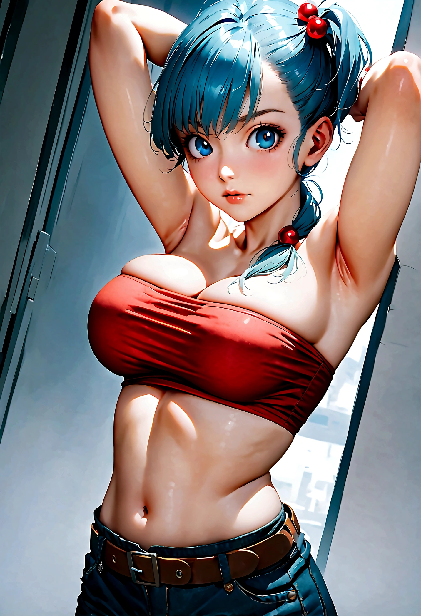  score_9, score_8_up, score_7_up, BREAK from front, ,macro angle,1girl,bulma, blue eyes, blue hair,bare shoulders, belt, cleavage, hair bobbles, hair ornament, hair over shoulder, ,large breasts,midriff, navel, one side up, red tube top, shorts, side ponytail, (strapless, tube top,under_boob:1.2),(arms up,arms up behind,contrapost,standing),(best quality)),(aesthetic,very aesthetic),(beautiful face and body),realistic:0.4 ,anime,highly detailed,sharp focus,depth of field),anime style,studio anime,sharp focus,depth of field,vibrant colors,
