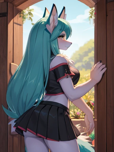 Chica anime, anime style, cute hatsune miku x suicune, shy girl , Orejas de Kitsune, arte de dark natasha, garden landscape, arte de vixen aztra, cuerpo completo, platas hermosas, cintura delgado, caderas amplias, piernas torneadas, hermosa, foto de cuerpo completo, sensuañ navel blouse, black skirt, navel piercing, ear piercing, navel tattoo, timid pose, back pose, hands in the wall,  black body, beatifull and detailed hands