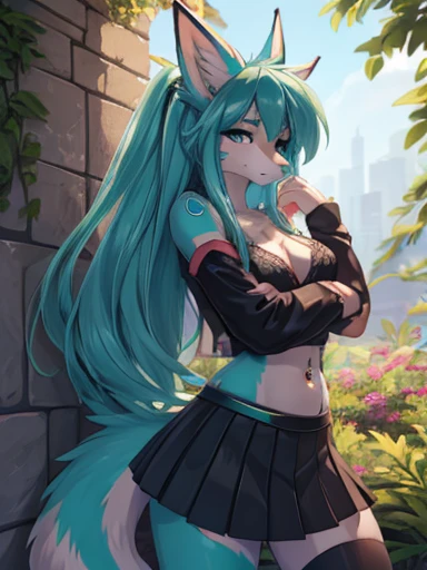 Chica anime, anime style, cute hatsune miku x suicune, shy girl , Orejas de Kitsune, arte de dark natasha, garden landscape, arte de vixen aztra, cuerpo completo, platas hermosas, cintura delgado, caderas amplias, piernas torneadas, hermosa, foto de cuerpo completo, sensuañ navel blouse, black skirt, navel piercing, ear piercing, navel tattoo, timid pose, back pose, hands in the wall, black body, beatifull and detailed hands