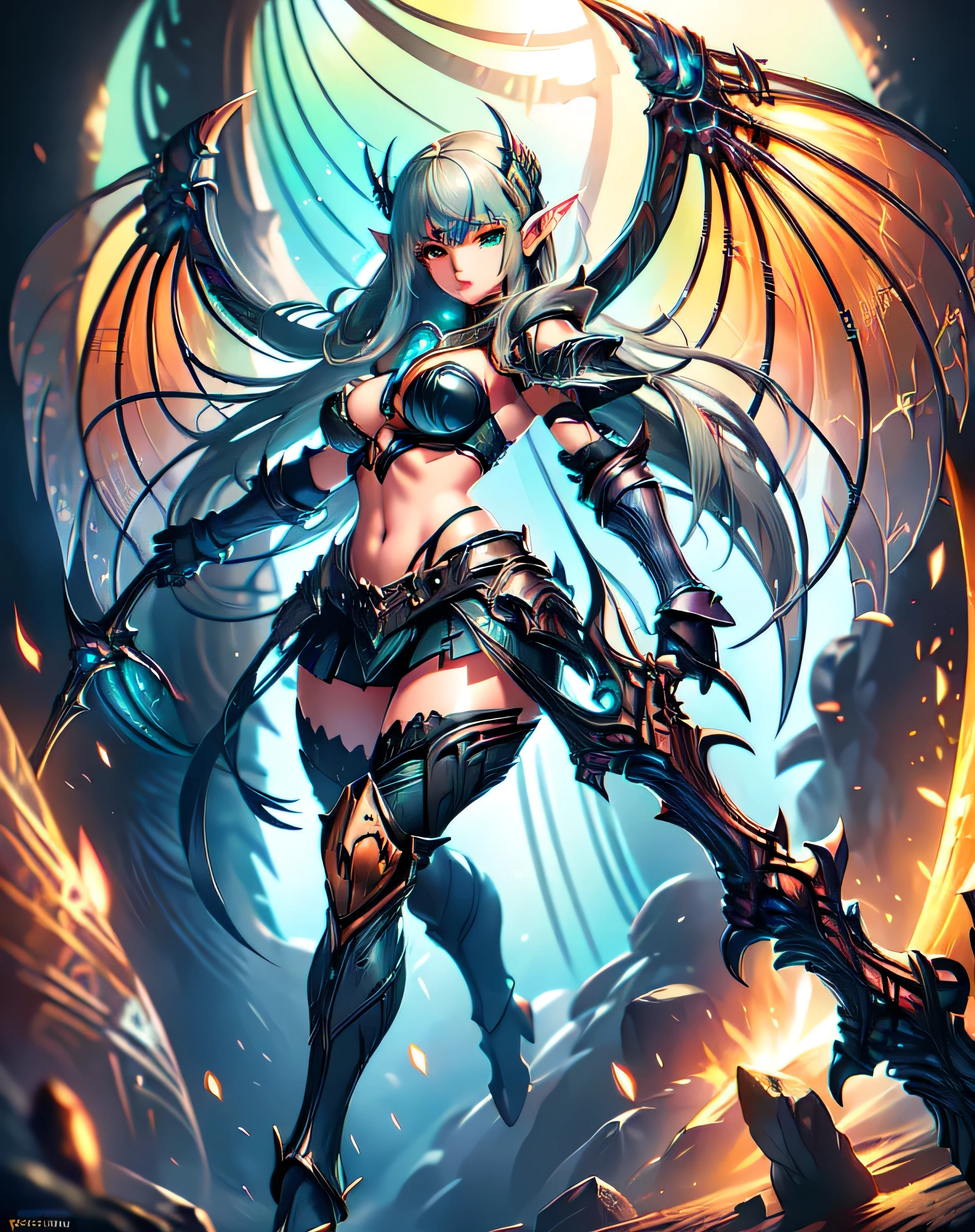 best quality, soft light, ultra high res, (photorealistic:1.4), RAW photo, 1japanese girl, solo, (pupil, lights in the eyes), detailed beautiful face, (large chest), (long hair), indoor, rainbow eyes, silver hair, bikini armor, unconvincing armor, cleavage, wide hips, (wings, hip wings, large wings, dragon wings), (scythe, war scythe), armored gloves, shoulder gloves, armored boots, thigh highs, micro skirt, exposed stomach, crop top, (ideal body proportions), pussy, upskirt, pale skin, 18-year-old woman, sheer clothing, waste cape, underboob, high heels, stilettoes, horny, vaginal juice, vaginal fluid