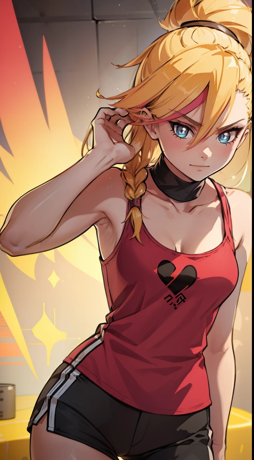 young girl,  ultrs long blonde hair, Hairpin with a bundle, turquoise eyes, Yakuza tattoos, red tight uniform, Sleeveless, Wide neckline on the chest to the abdomen, Gold Elements, Red gold armor, Shorts, claws, smirk, Masterpiece, hiquality, 4k, HD, Good detail