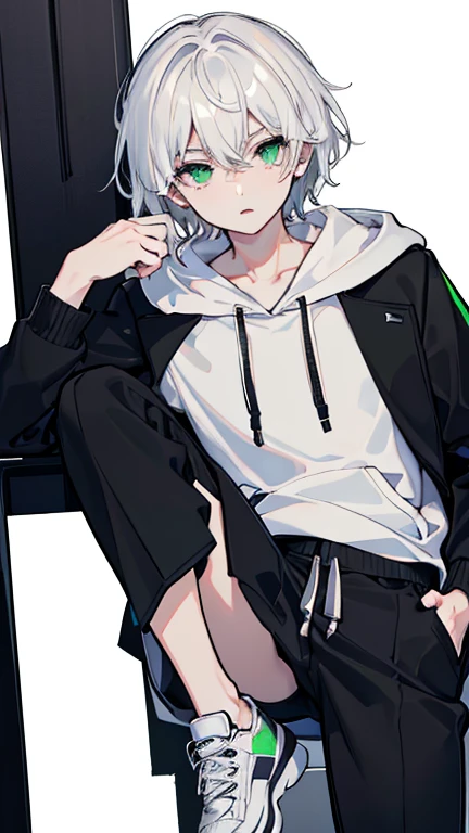 masterpiece, Facial details, Extremely detailed, 8k, Modern Style, ((One young man)), female, short white hair, Green Eyes, White hoodie, Black trousers, Shoes are also visible, White Background, joy