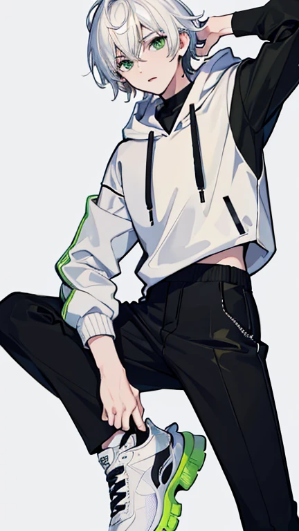 masterpiece, Facial details, Extremely detailed, 8k, Modern Style, ((One young man)), female, short white hair, Green Eyes, White hoodie, Black trousers, Shoes are also visible, White Background, joy