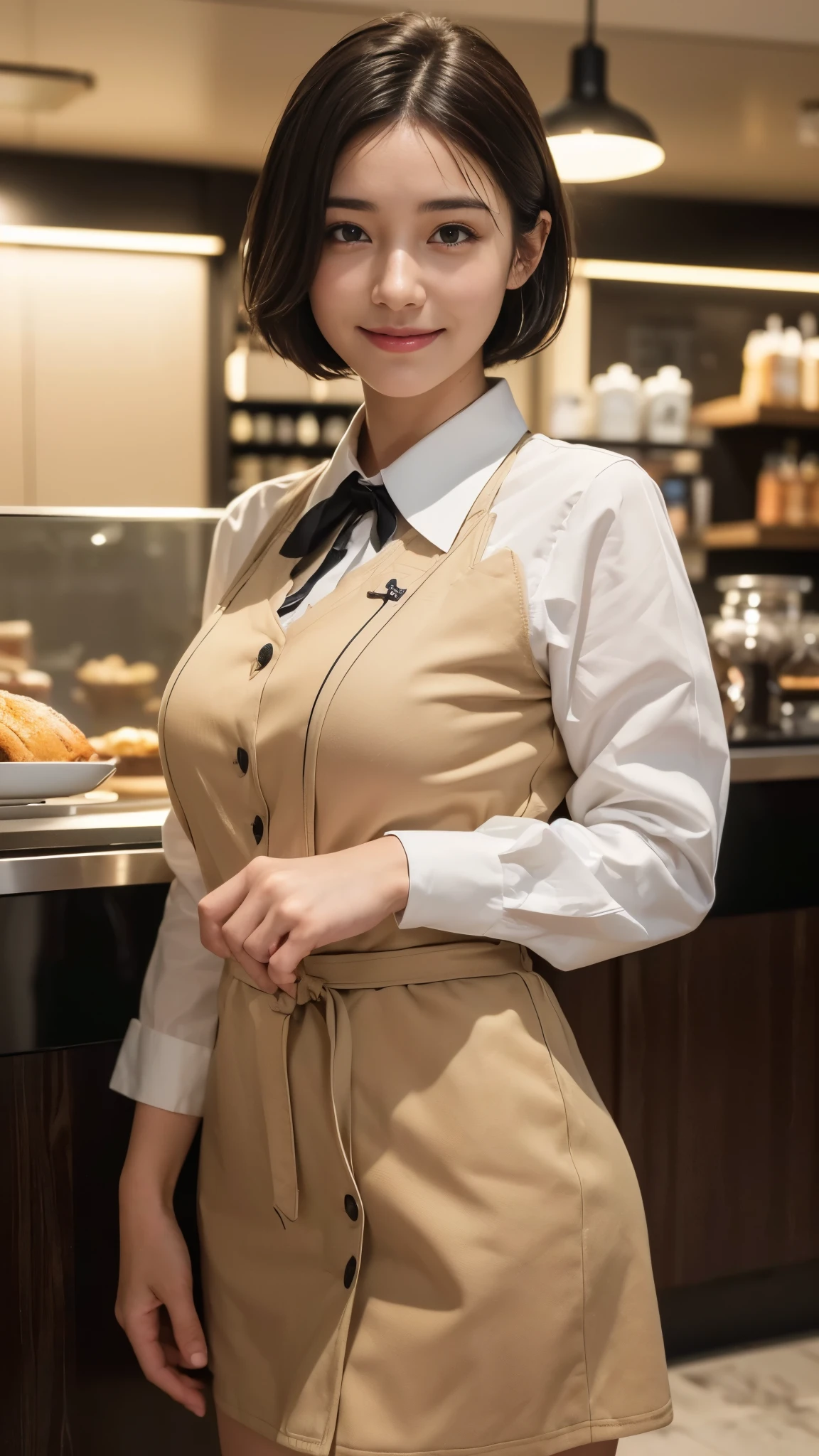 (dramatic angle)(counter staff uniform)Mix 4,ultra detail (8k, RAW Photos, 最high quality, masterpiece: 1.45), (Realistic, Photorealistic: 1.37), (Ultra high definition)(Textured skin)(Very detailed)(high quality)(最high quality)(First Person View)Cute woman,smile ,Cafe,short hair