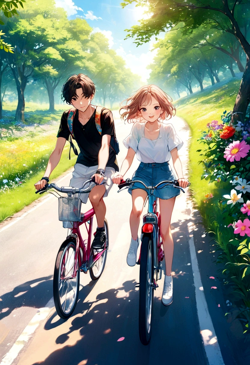 Thin contours、Anime Style、Cool and edgy、 Young couple cycling along a sunlit country road、Blooming Flowers々and surrounded by lush greenery、A happy face shining。bright、Bright colors、Movie angle、High detail、Nostalgic、Fashionable、Pause、colorful、With confidence、Performance、accessories、Coil、Surroundings、stylish、impressive、modern、fashion