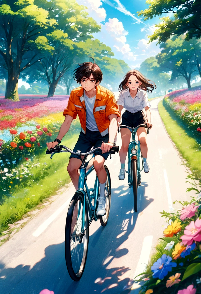 Thin contours、Anime Style、Cool and edgy、 Young couple cycling along a sunlit country road、Blooming Flowers々and surrounded by lush greenery、A happy face shining。bright、Bright colors、Movie angle、High detail、Nostalgic、Fashionable、Pause、colorful、With confidence、Performance、accessories、Coil、Surroundings、stylish、impressive、modern、fashion