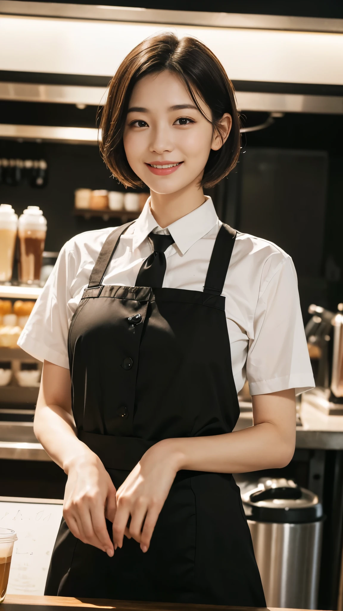 (dramatic angle)(coffee shop staff uniform)Mix 4,ultra detail (8k, RAW Photos, 最high quality, masterpiece: 1.45), (Realistic, Photorealistic: 1.37), (Ultra high definition)(Textured skin)(Very detailed)(high quality)(最high quality)(First Person View)Cute woman,smile ,Cafe,short hair